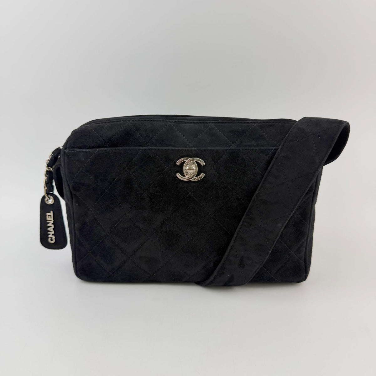 Chanel Quilted CC Logo Charm Shoulder Bag Suede Black Seal Vintage