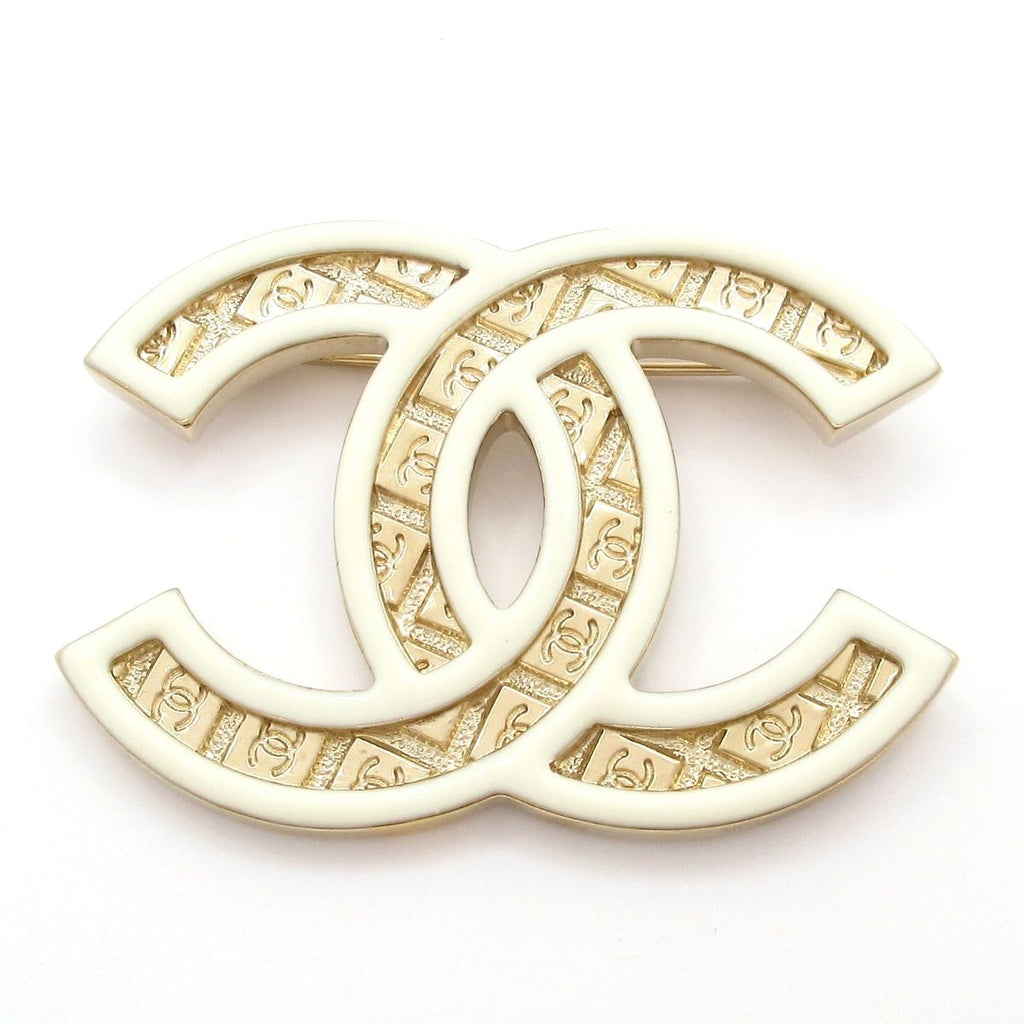 Chanel Brooch CC Logo Gold White