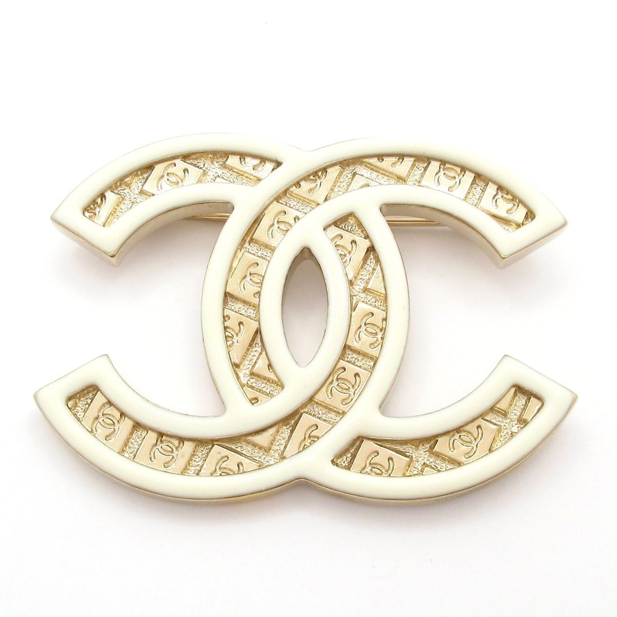 Chanel Brooch CC Logo Gold White