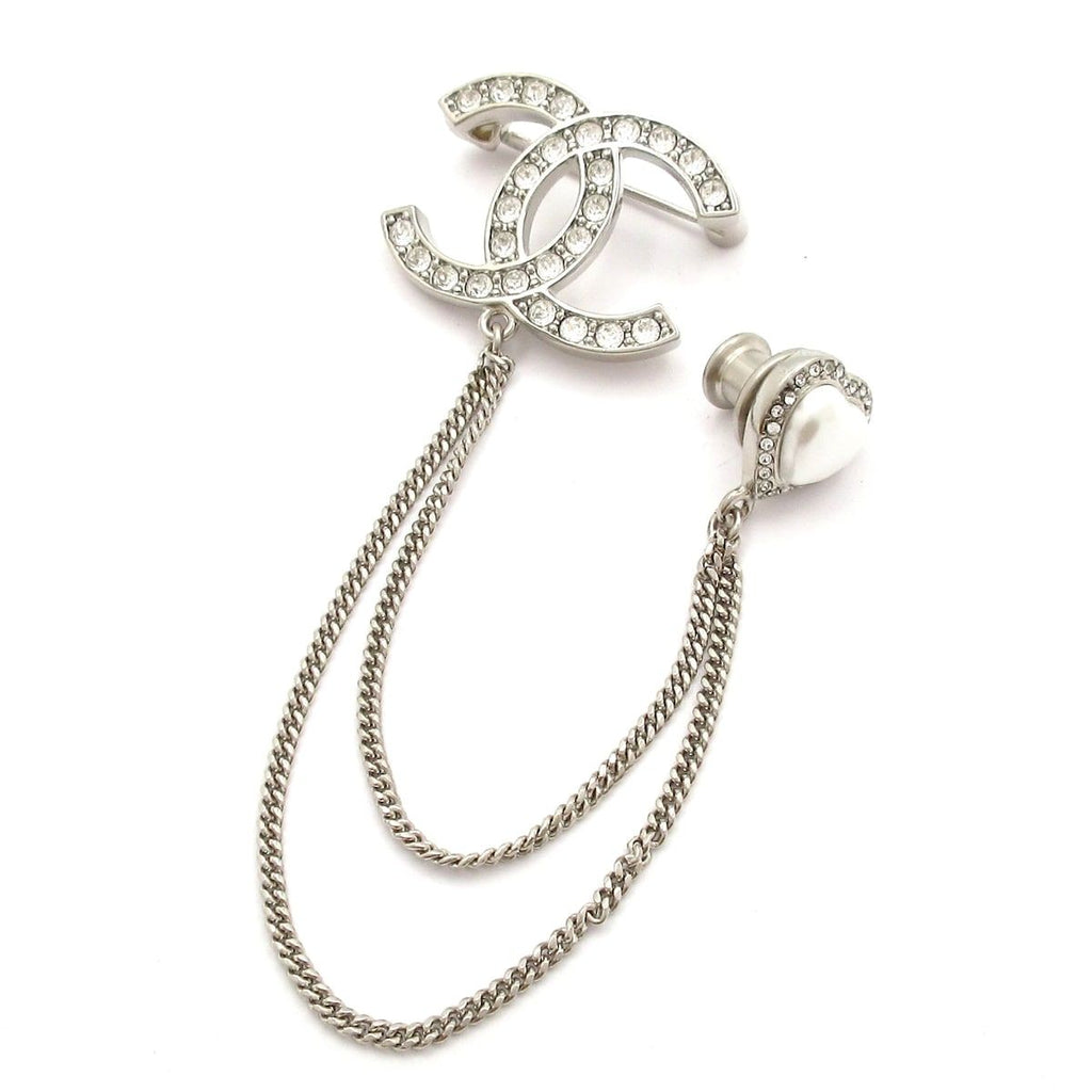 Chanel Brooch CC Logo Silver Clear Heart Rhinestone Pearl