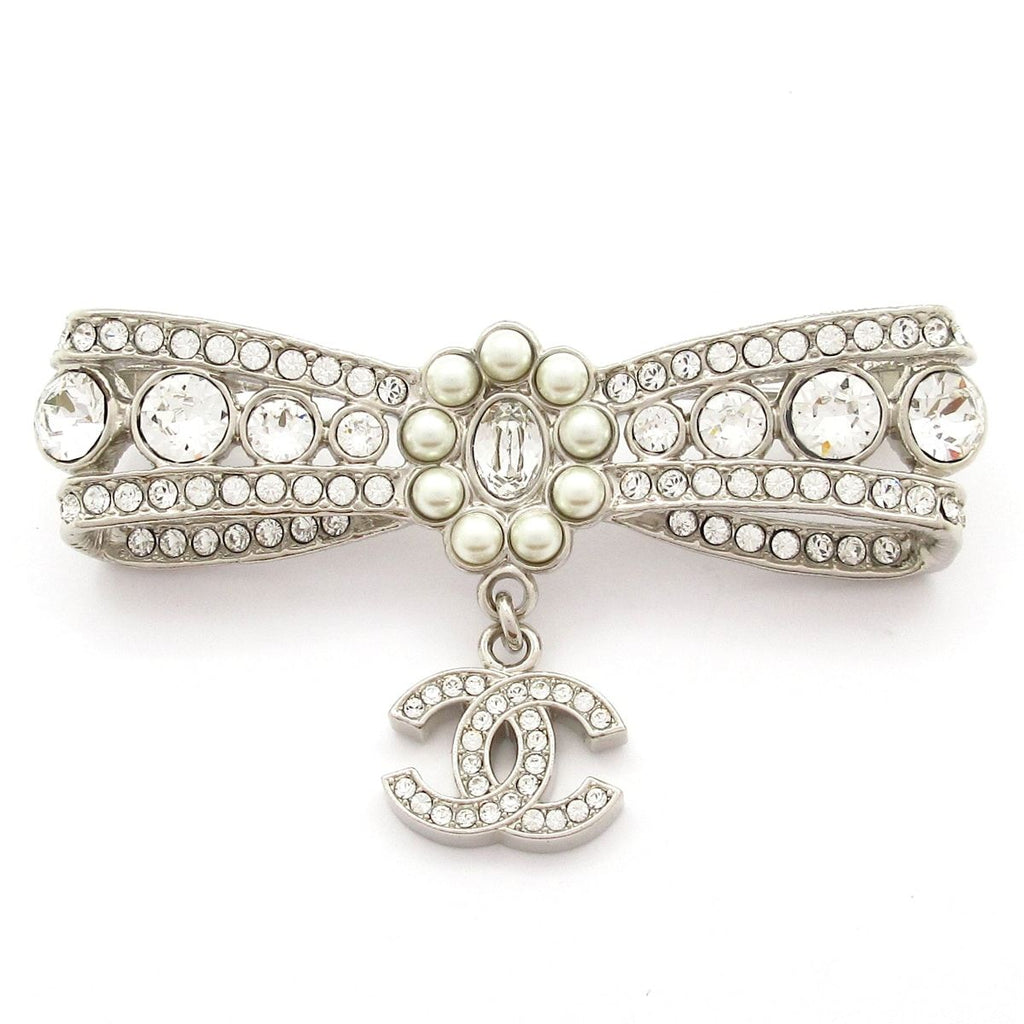 Chanel Brooch CC Logo Silver Clear White Rhinestone Pearl