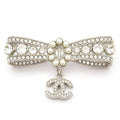Chanel Brooch CC Logo Silver Clear White Rhinestone Pearl