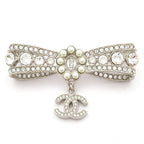 Chanel Brooch CC Logo Silver Clear White Rhinestone Pearl