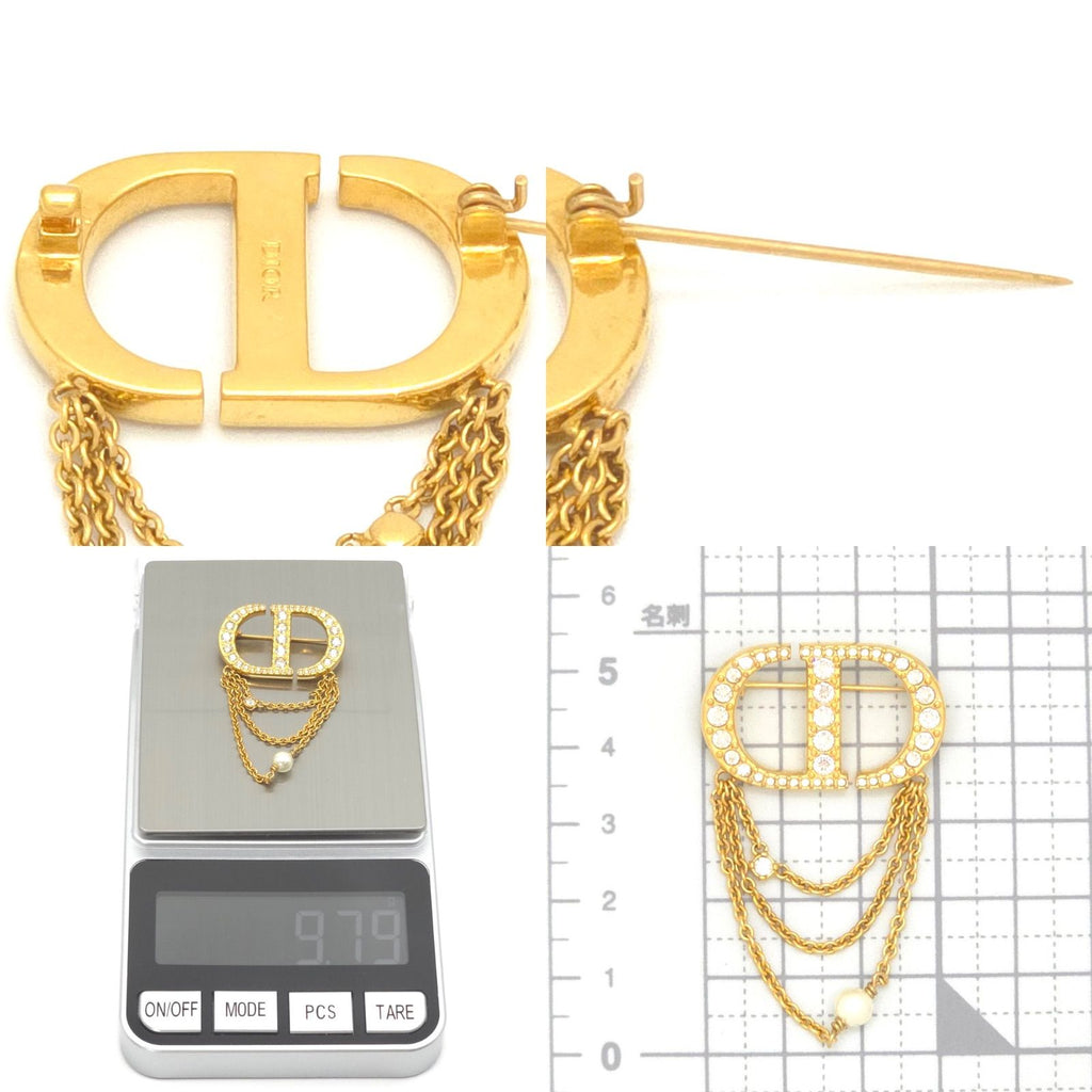Dior Petit CD Brooch Crystal Resin Pearl Gold Tone Metal Pin CD Signature Drop — view 5