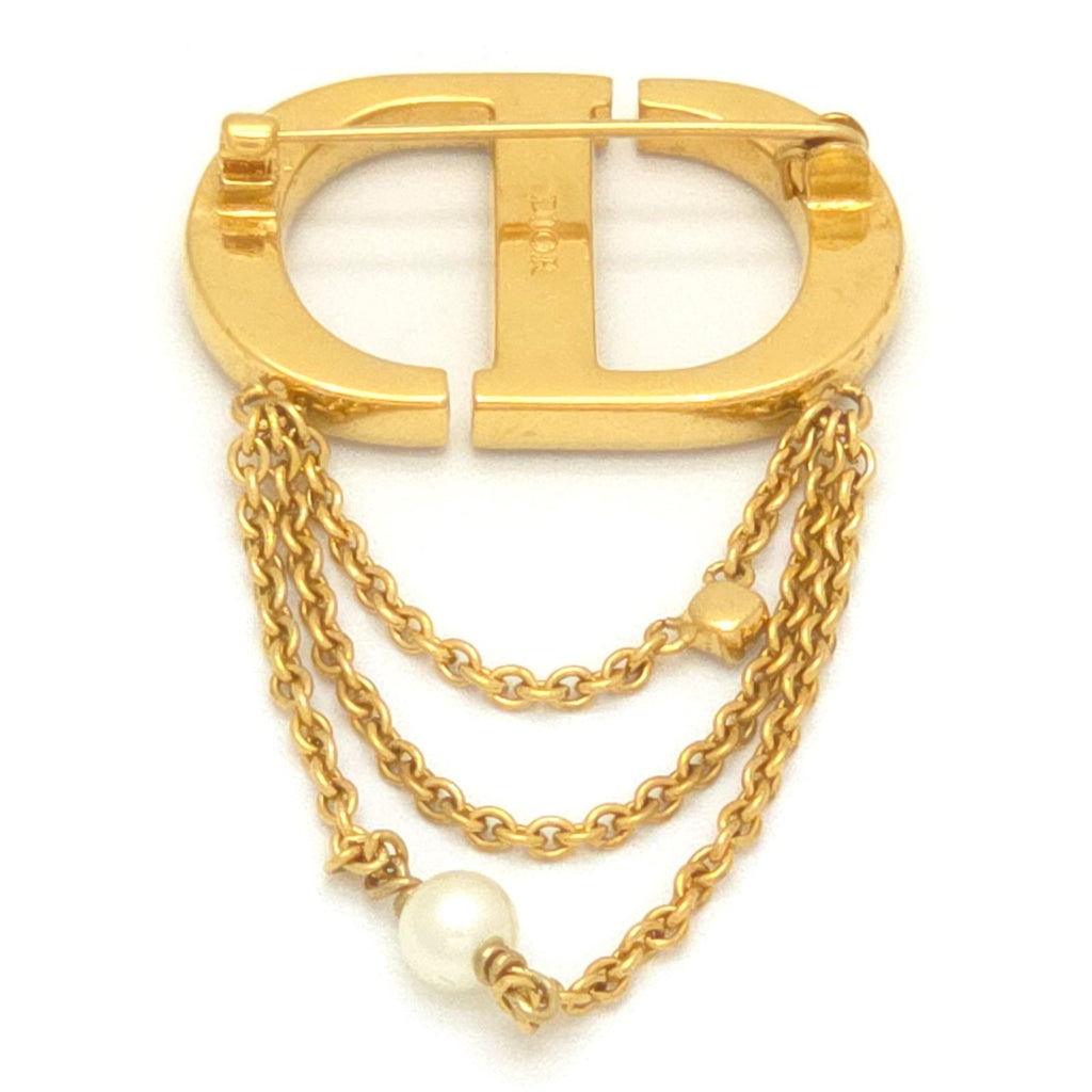 Dior Petit CD Brooch Crystal Resin Pearl Gold Tone Metal Pin CD Signature Drop — view 2