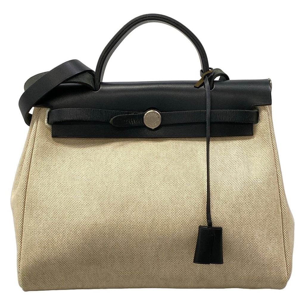 Hermes Handbag Herbag PM Beige Black Silver Leather