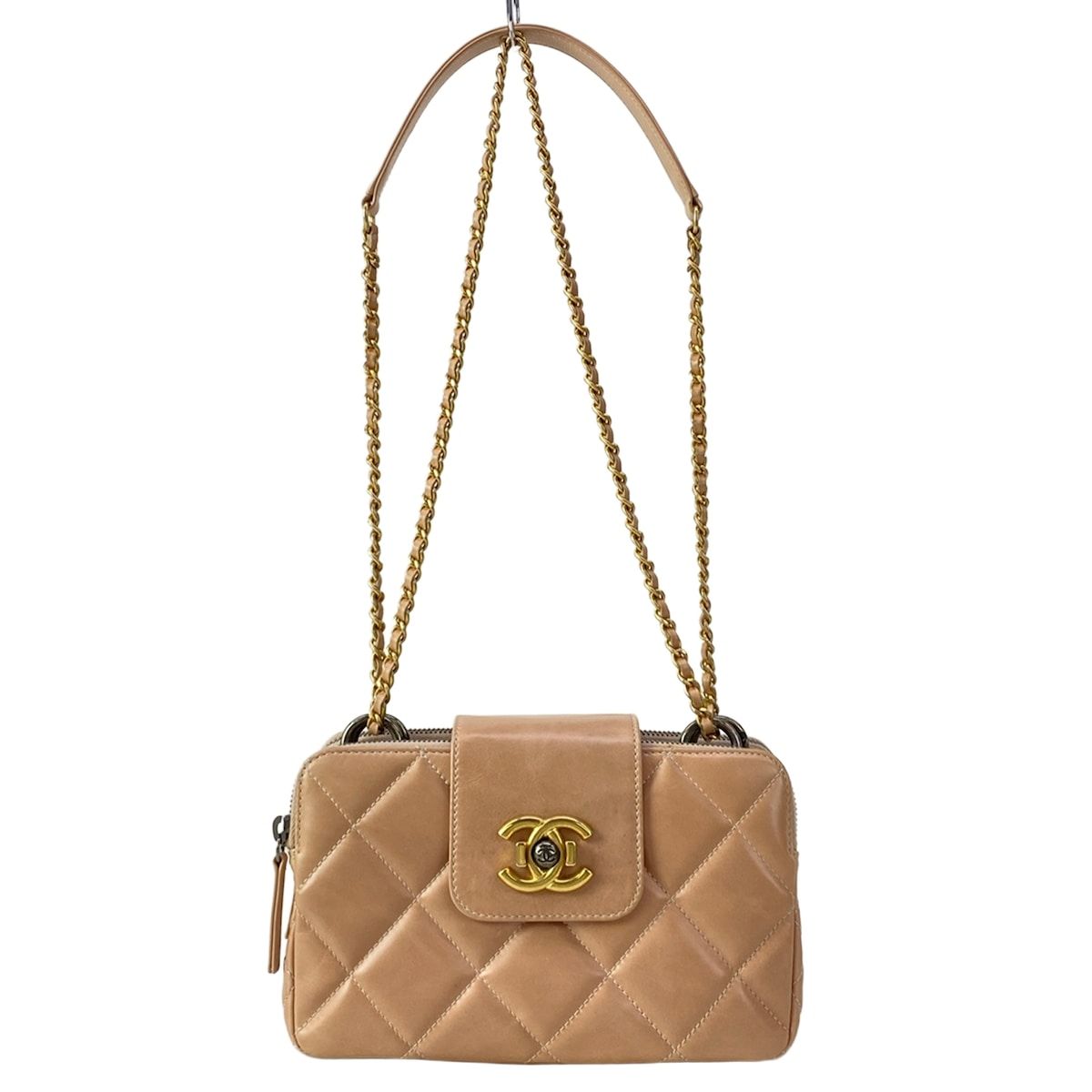 Chanel Shoulder Bag Coco Boy Pink Beige CC Logo Gold Chain Lambskin