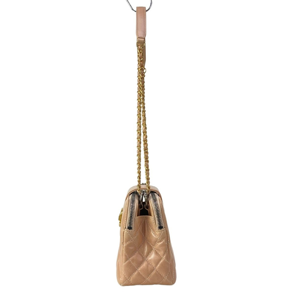 Chanel Shoulder Bag Coco Boy Pink Beige CC Logo Gold Chain Lambskin — view 4