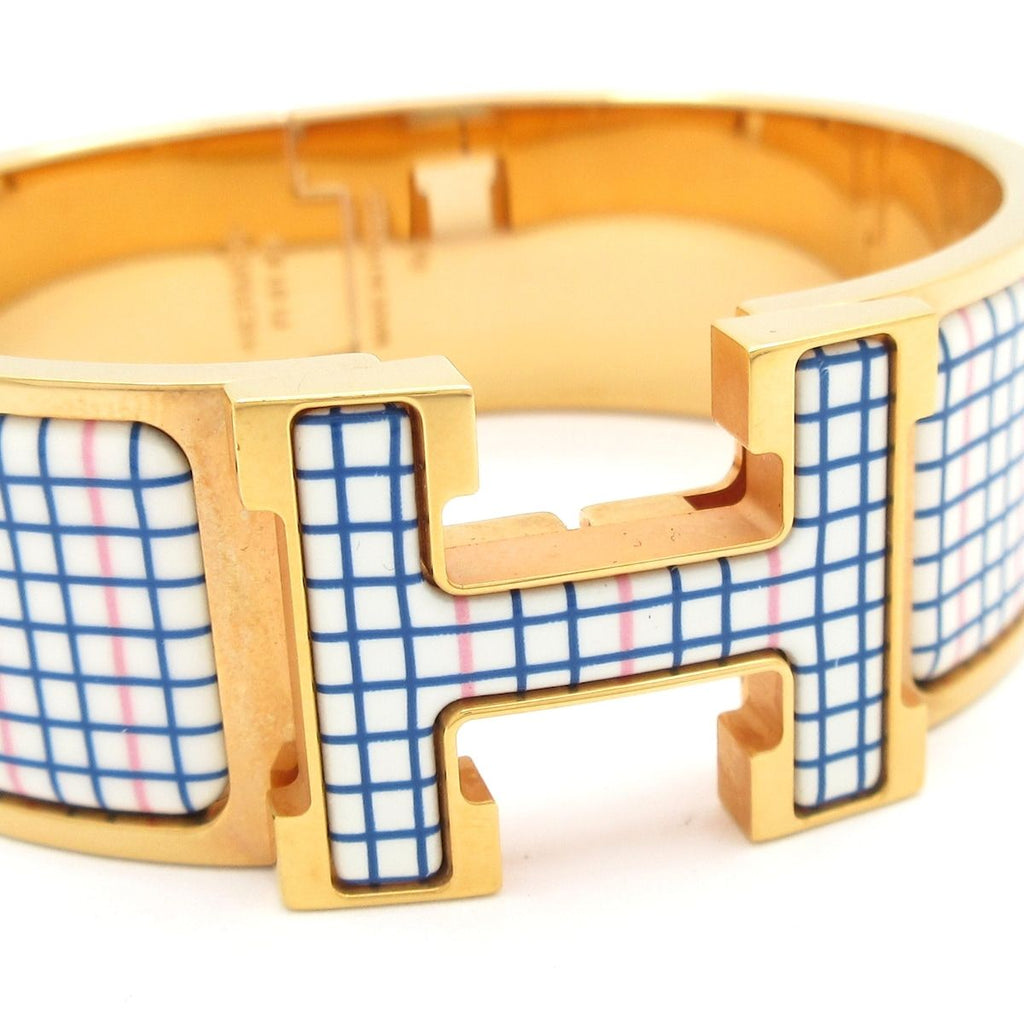 Hermes Bangle Clic Clac H Pink Gold White Multi Plaid Pattern Bracelet — view 5