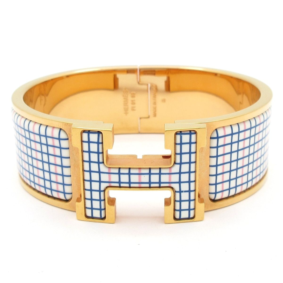 Hermes Bangle Clic Clac H Pink Gold White Multi Plaid Pattern Bracelet