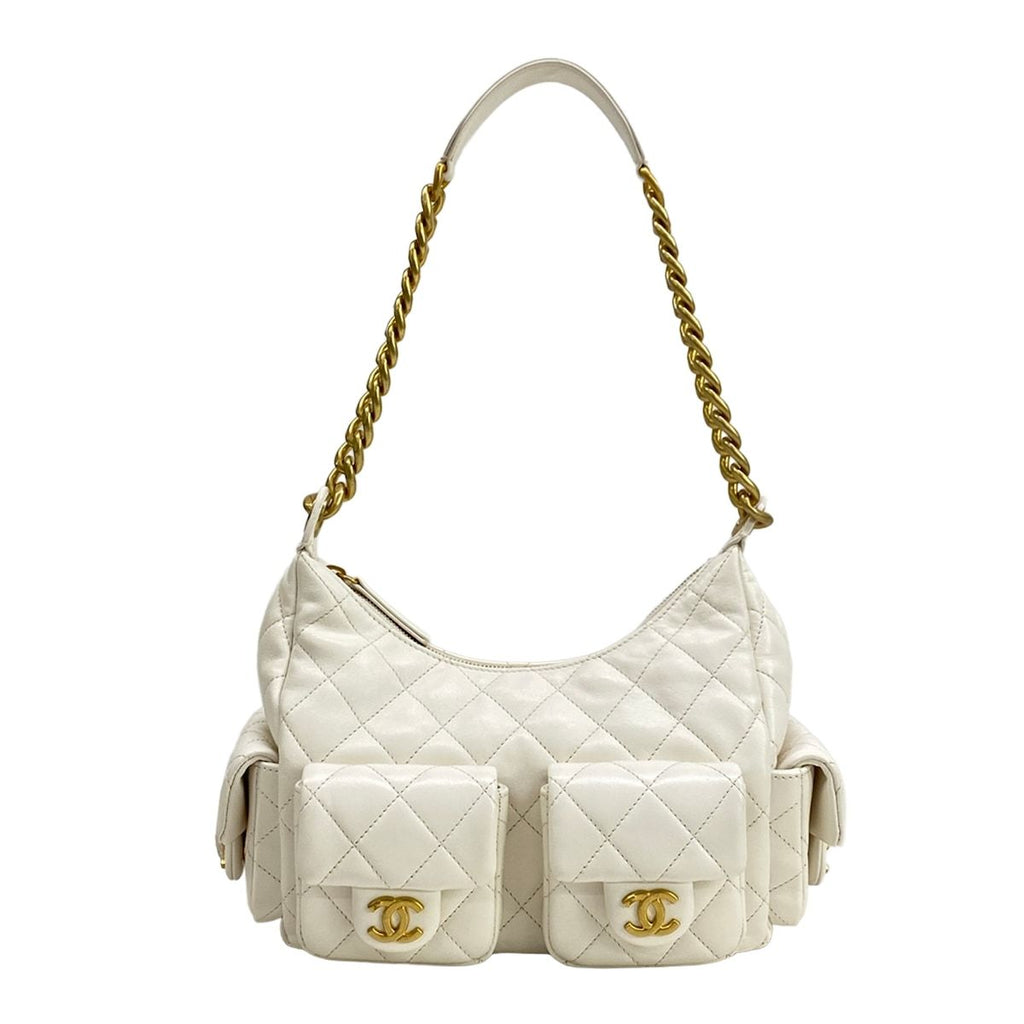 Chanel Shoulder Bag Quilted Hobo White Gold Chain Lambskin