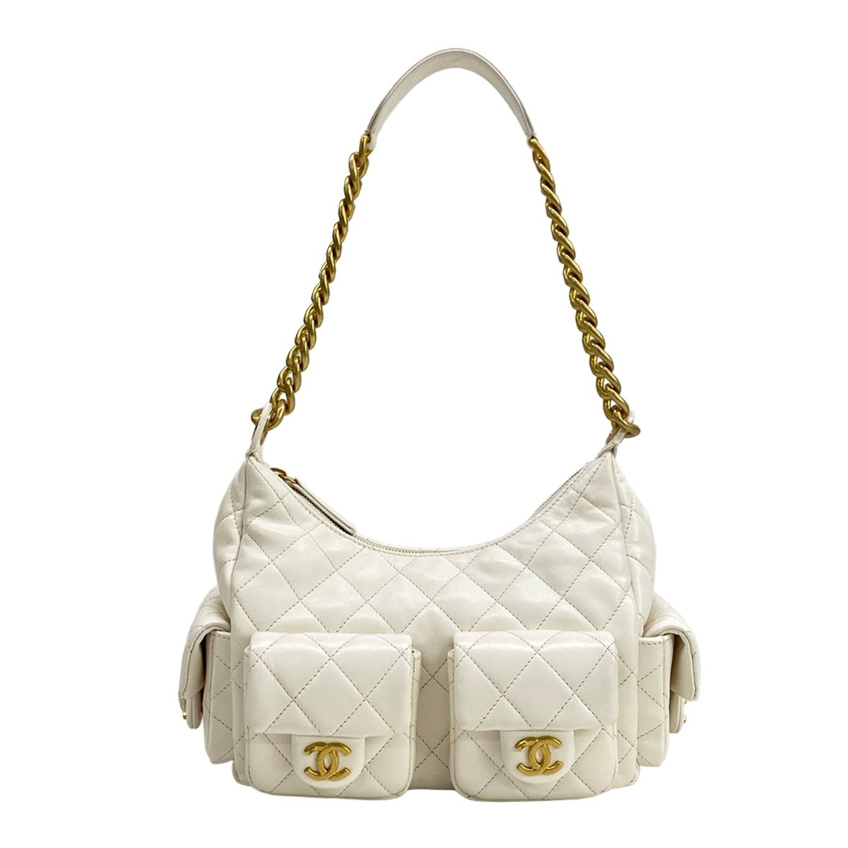 Chanel Shoulder Bag Quilted Hobo White Gold Chain Lambskin