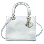 Dior Lady Medium 2-Way Shoulder Bag Leather Silver