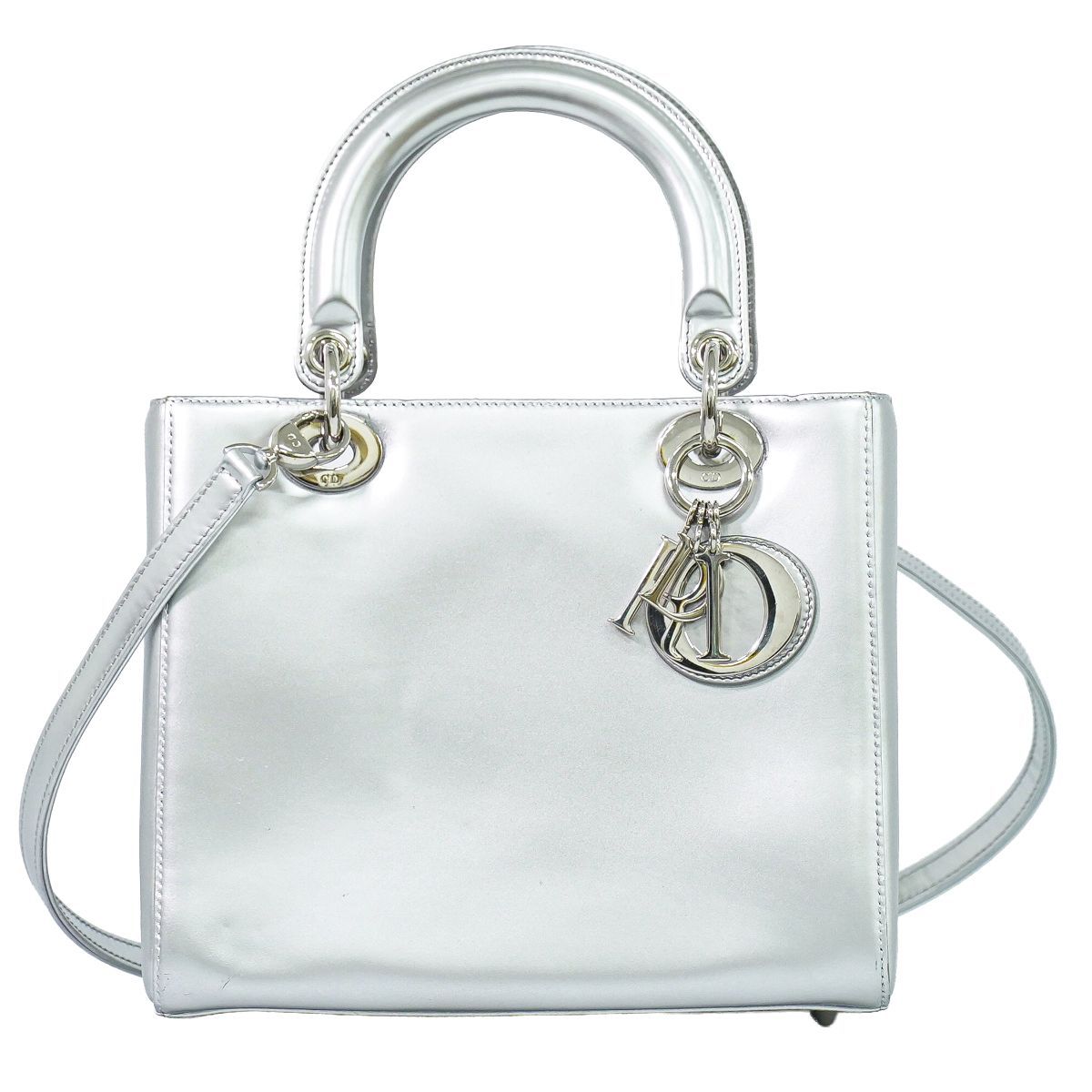 Dior Lady Medium 2-Way Shoulder Bag Leather Silver