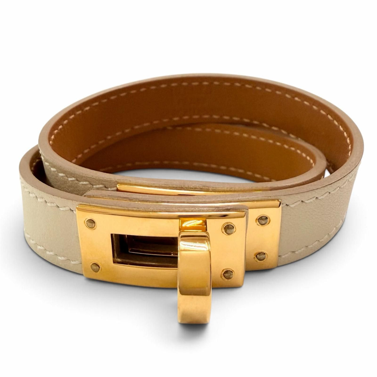 Hermes Kelly Double Tour Veau Swift Craie Gold Bracelet T3