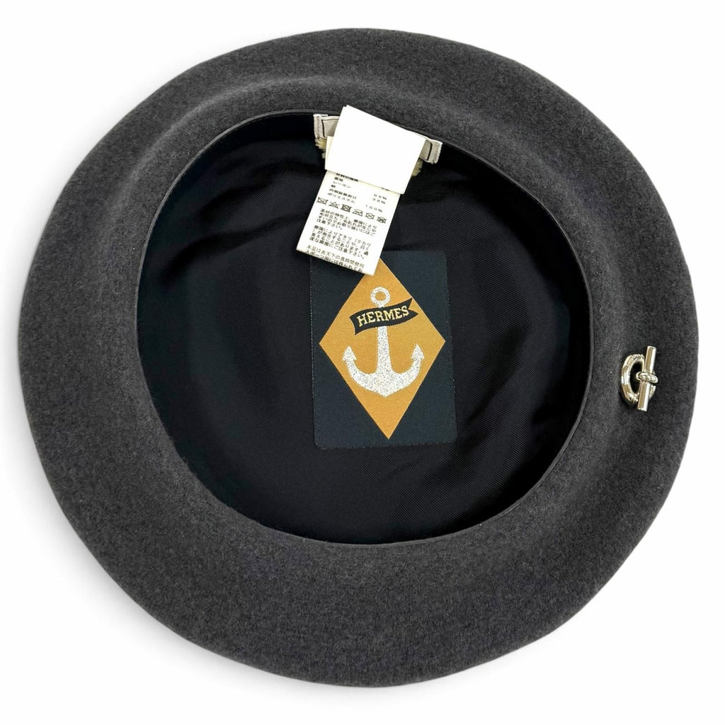 Hermes Wool 100% Grenan Inner Leather Trim Beret Gray FR 56 Hat — view 6