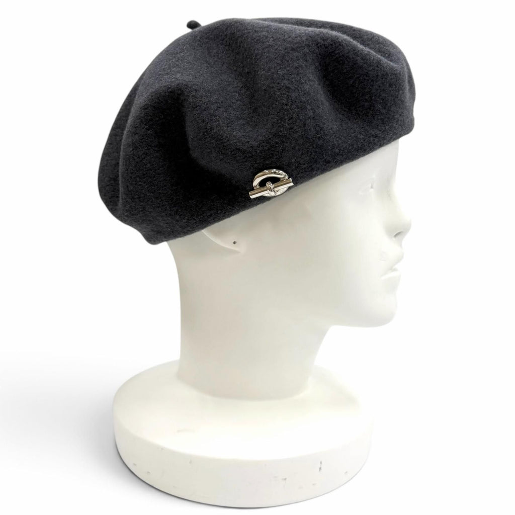 Hermes Wool 100% Grenan Inner Leather Trim Beret Gray FR 56 Hat — view 3