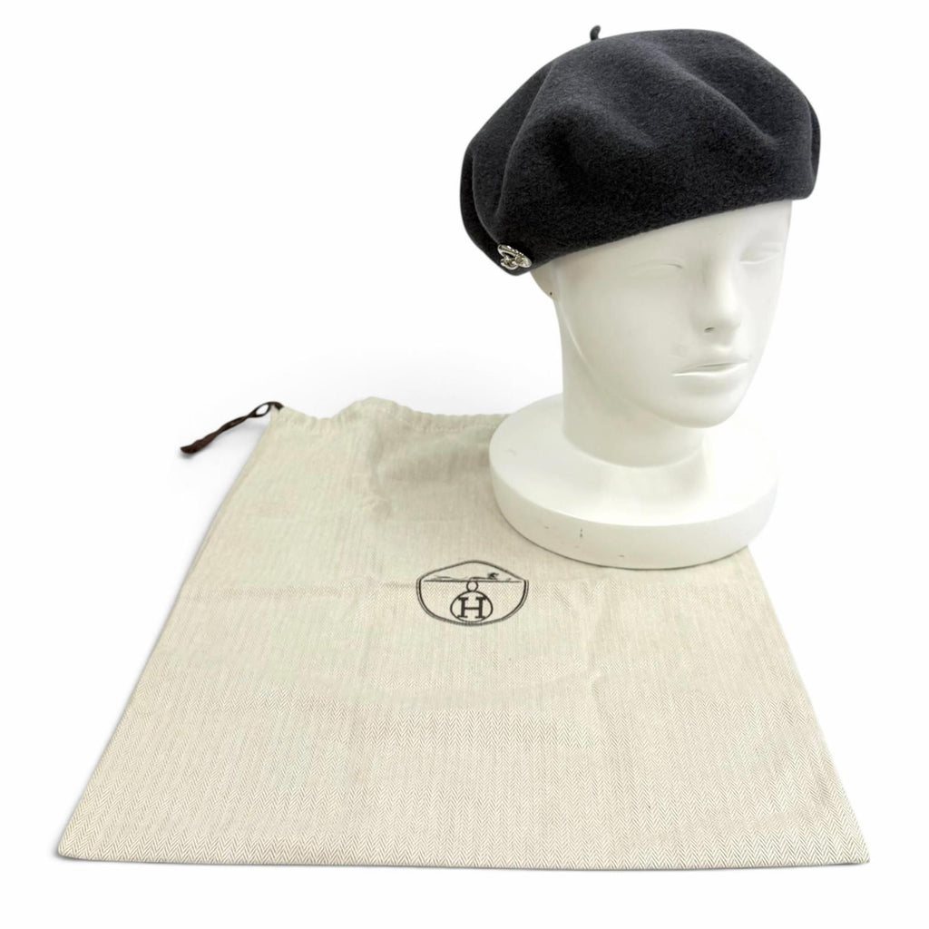 Hermes Wool 100% Grenan Inner Leather Trim Beret Gray FR 56 Hat — view 2