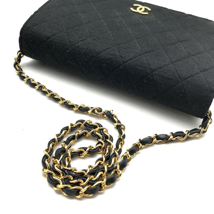 Chanel CC Logo Quilted Cotton Push Lock Chain Shoulder Bag Black — view 7