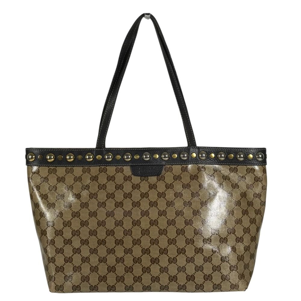 Gucci Shoulder Bag Logo Studs GG Crystal Leather Beige