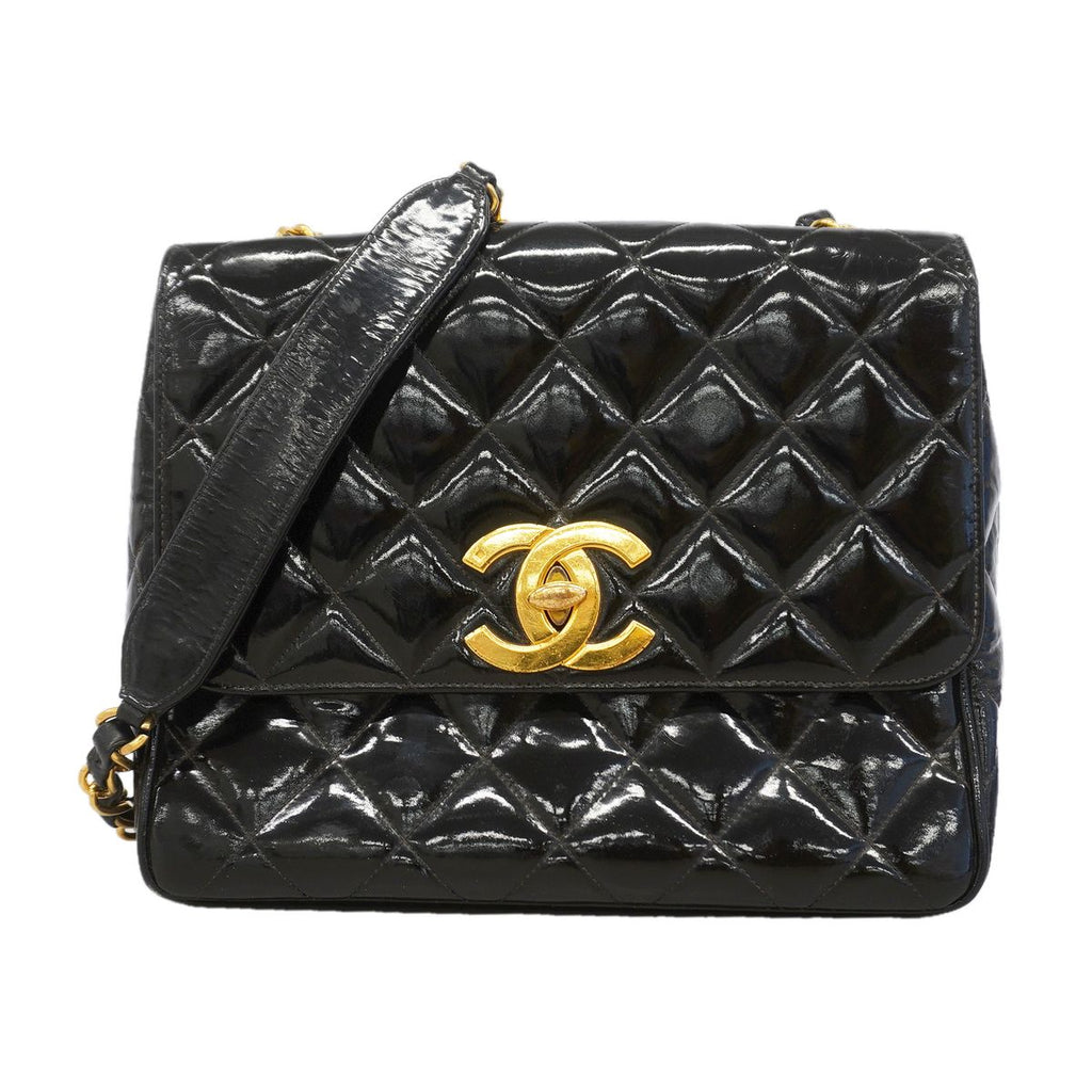 Chanel Shoulder Bag Quilted Jumbo CC Logo Patent Leather Black Gold