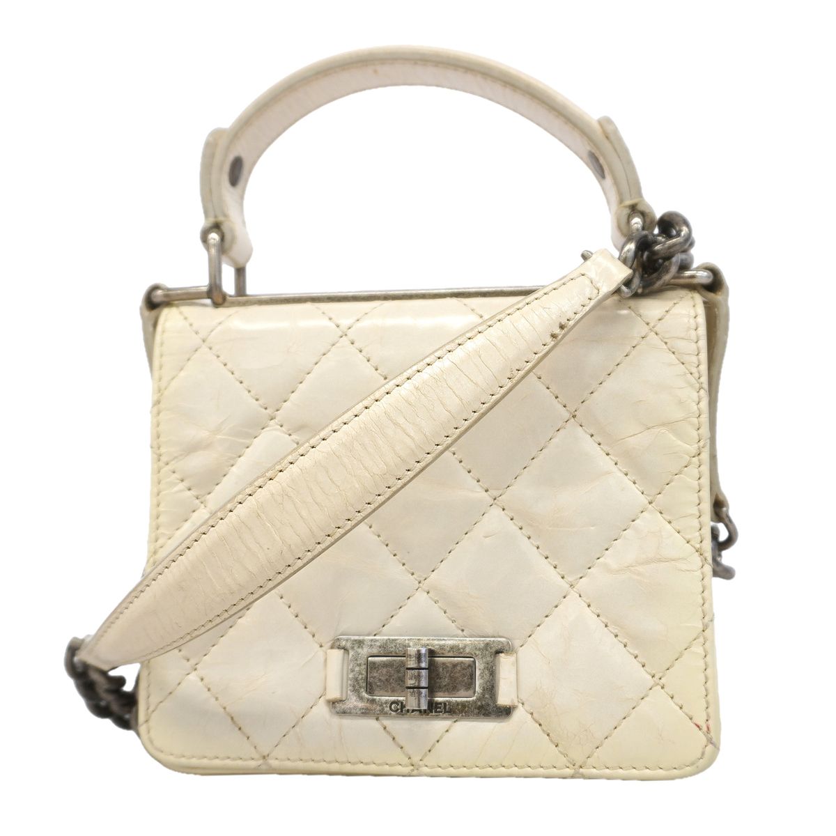 Chanel Handbag 2.55 Quilted Leather White Silver 2-Way Bag
