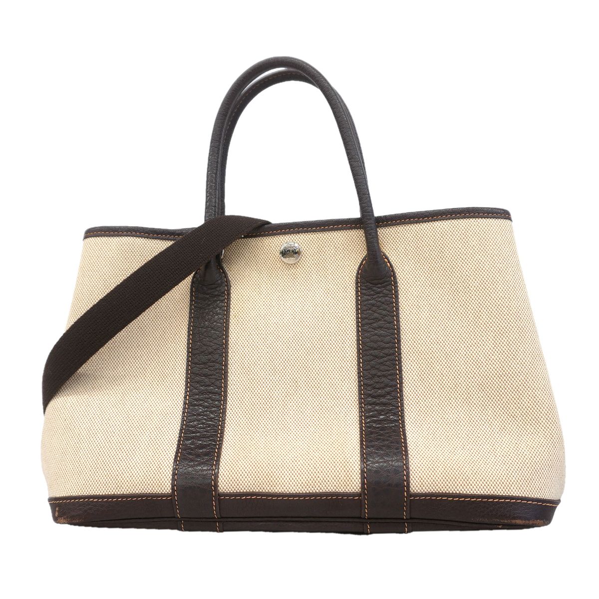 Hermes Tote Bag Garden Party TPM Toile H Brown Silver 2-Way