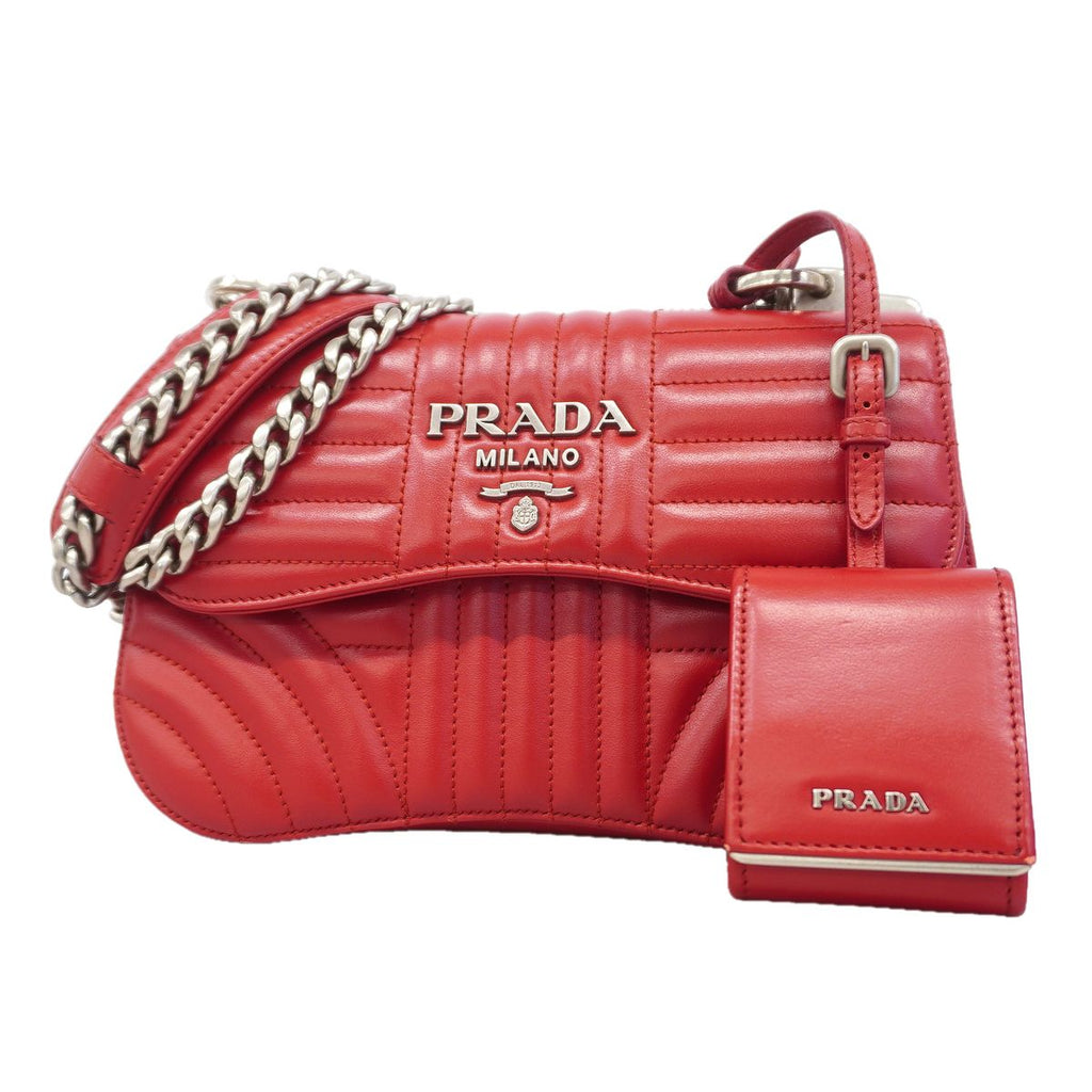 Prada Shoulder Bag Time Lag Leather Red Silver