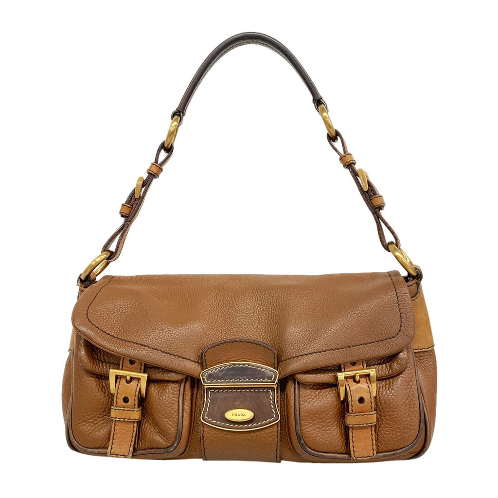 Prada Shoulder Bag Leather Brown Gold