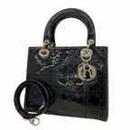 Dior Handbag Cannage Lady Patent Black Silver 2-Way Bag
