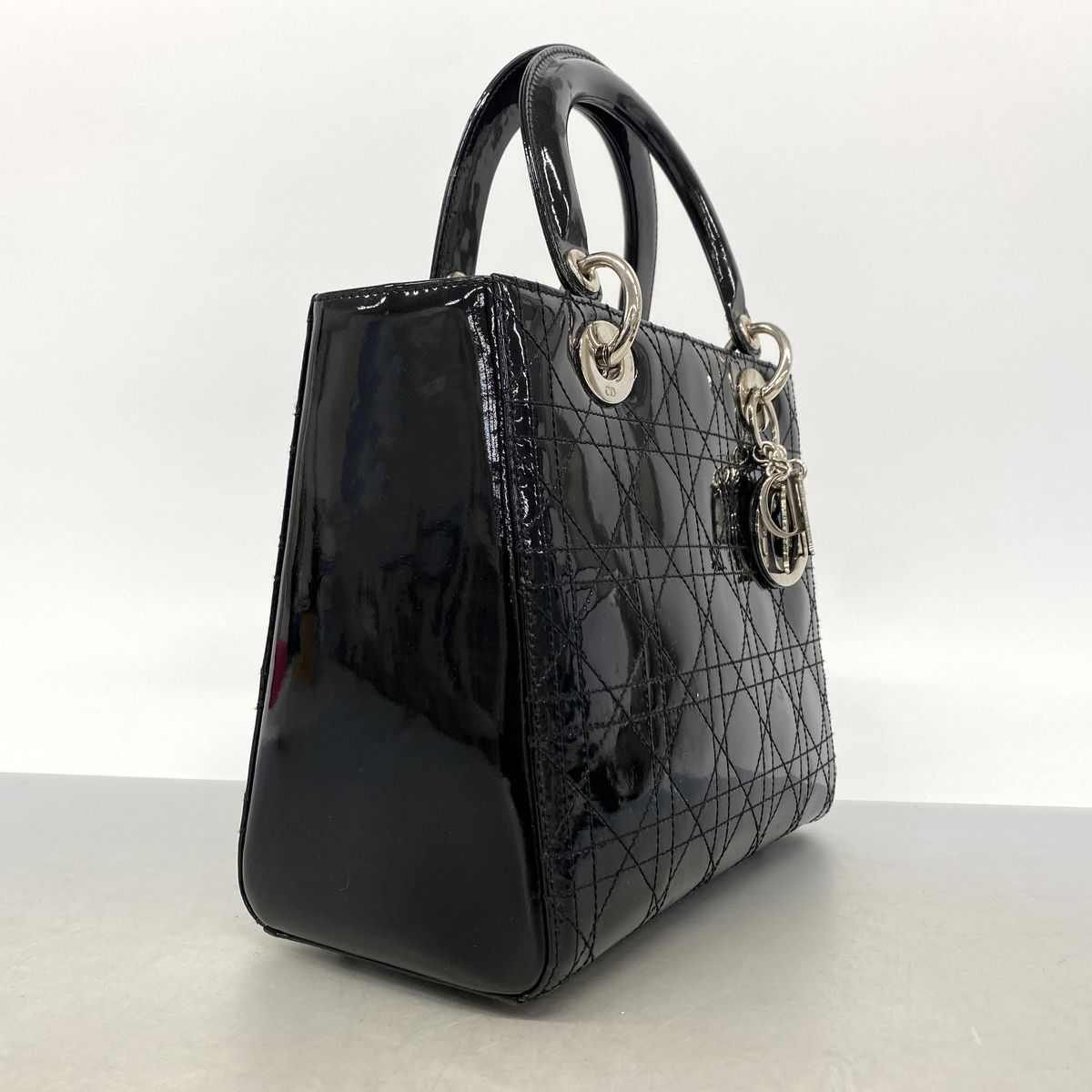 Dior Handbag Cannage Lady Patent Black Silver 2-Way Bag — view 2