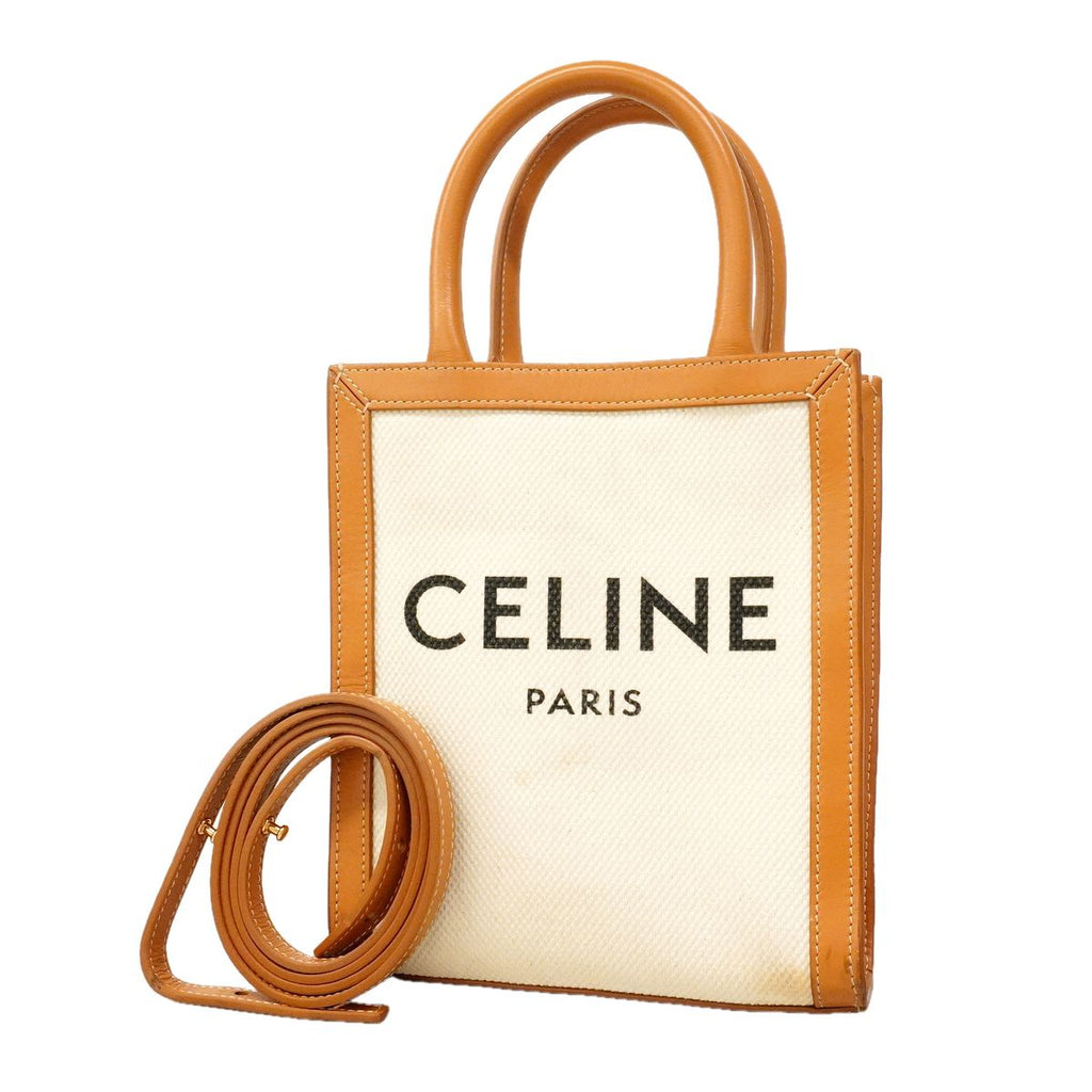 Celine Handbag Mini Vertical Cabas Canvas Leather Ivory Brown Gold 2-Way Bag