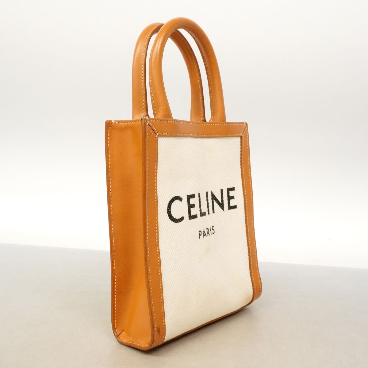Celine Handbag Mini Vertical Cabas Canvas Leather Ivory Brown Gold 2-Way Bag — view 2