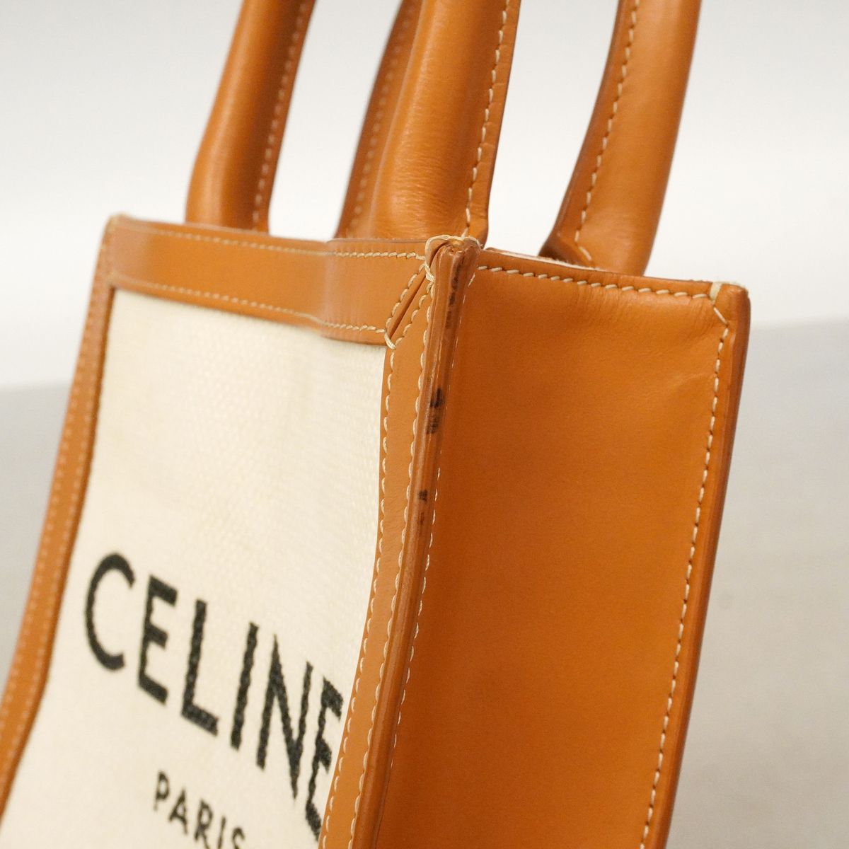 Celine Handbag Mini Vertical Cabas Canvas Leather Ivory Brown Gold 2-Way Bag — view 7