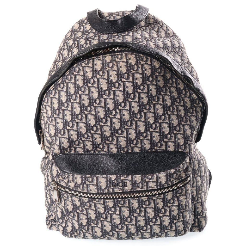 Dior Oblique Backpack Navy Beige Leather Canvas Silver