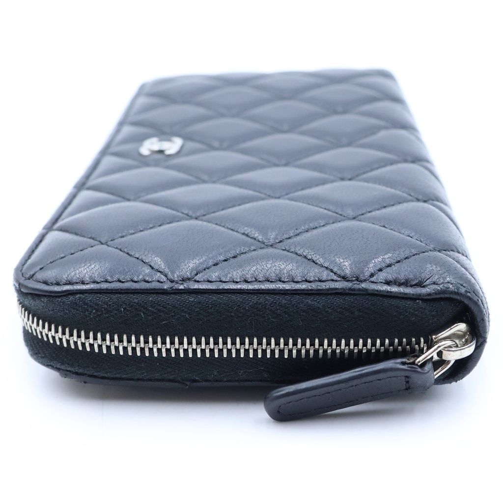 Chanel Quilted Classic Long Zip Wallet Black Lambskin Silver — view 3