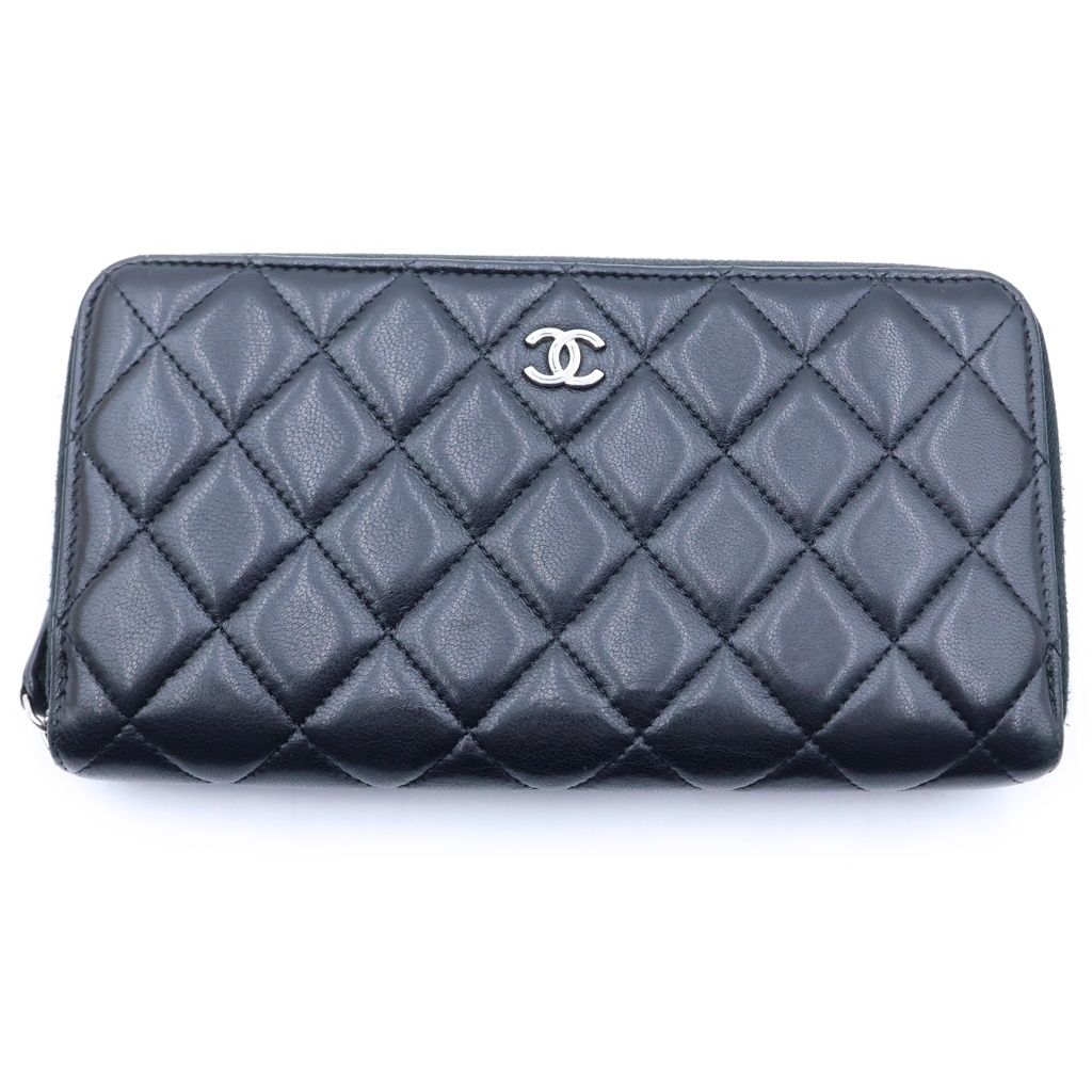 Chanel Quilted Classic Long Zip Wallet Black Lambskin Silver