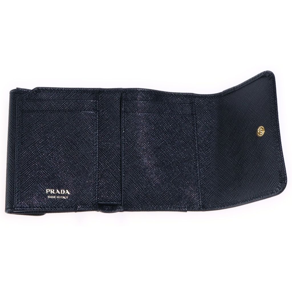 Prada Saffiano Compact Wallet Trifold Coin Purse Black Leather Gold — view 5