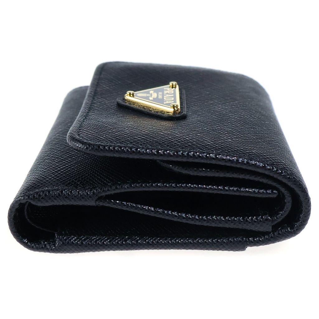Prada Saffiano Compact Wallet Trifold Coin Purse Black Leather Gold — view 4
