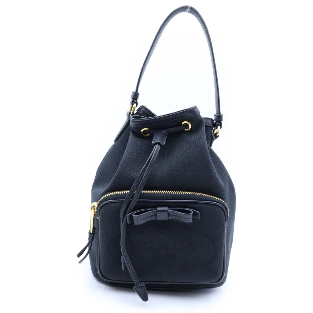 Prada Duet Ribbon Bucket Bag Black Leather Canvas Gold
