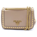 Prada Studded Shoulder Bag Beige Leather Gold