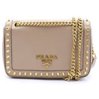 Prada Studded Shoulder Bag Beige Leather Gold