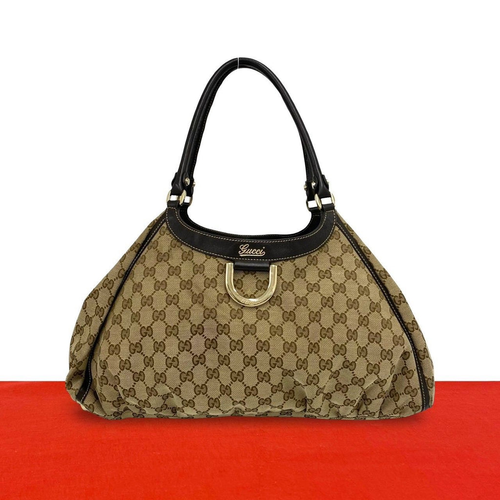 Gucci Logo GG Pattern Canvas Leather Tote Shoulder Bag Brown