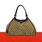 Gucci Logo GG Pattern Canvas Leather Tote Shoulder Bag Brown