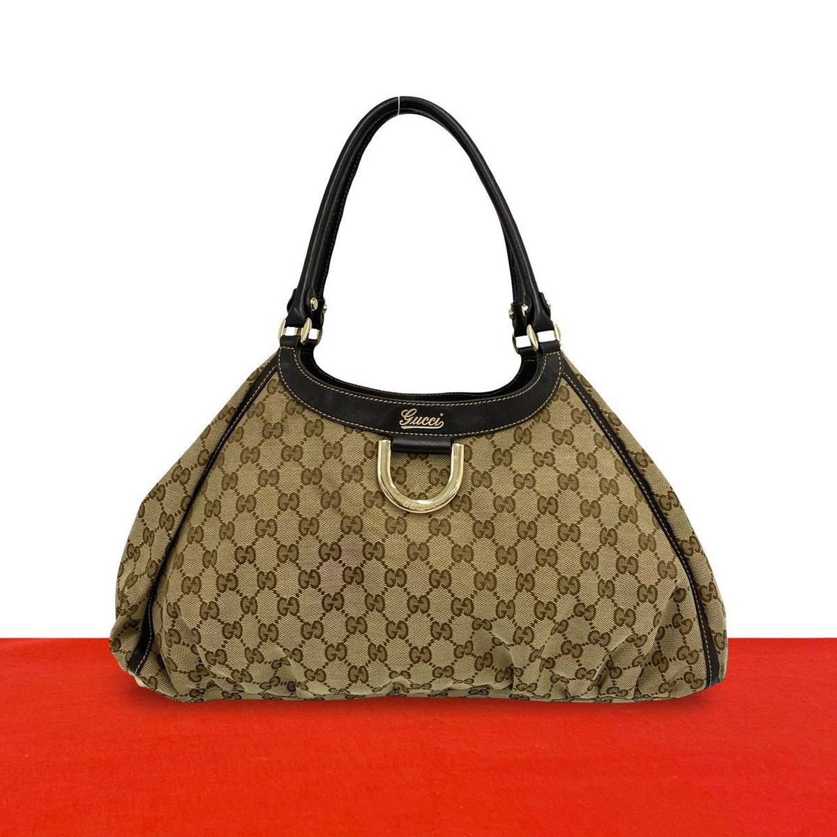 Gucci Logo GG Pattern Canvas Leather Tote Shoulder Bag Brown