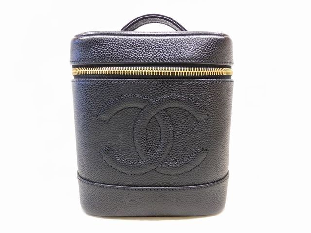 Chanel Vanity Bag Black Gold Caviar Leather CC Logo Handbag