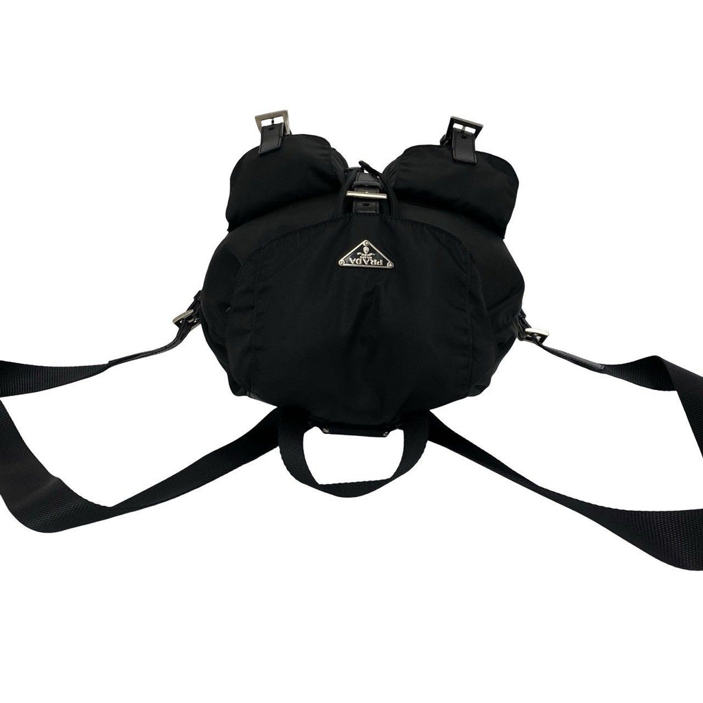 Prada Triangle Logo Tessuto Pocono Nylon Leather Drawstring Backpack Black — view 4