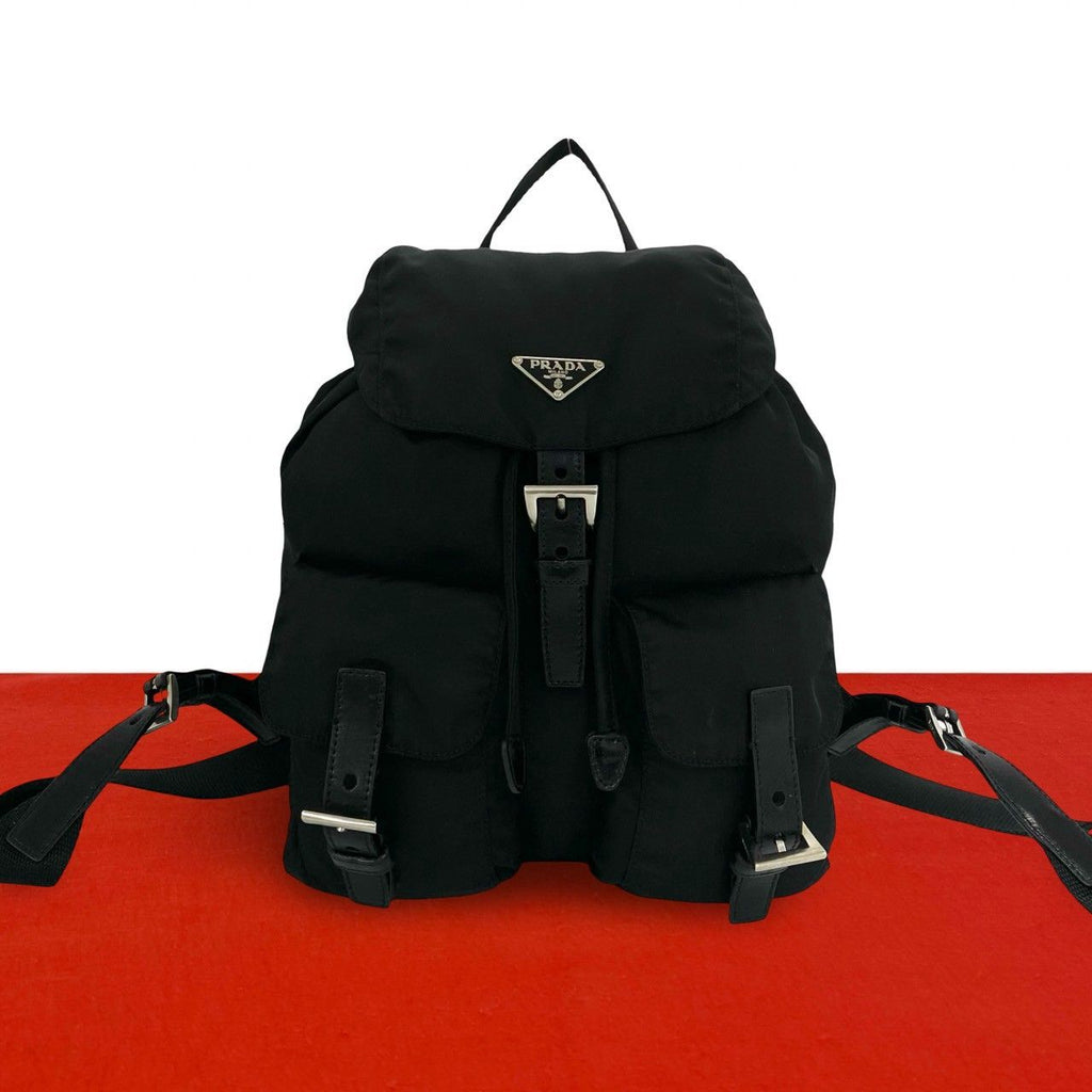 Prada Triangle Logo Tessuto Pocono Nylon Leather Drawstring Backpack Black