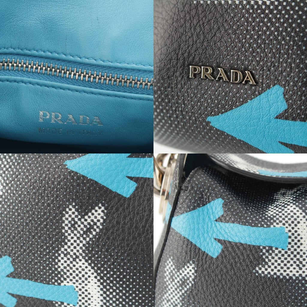 Prada Leather Cowhide Rabbit Arrow Shoulder Bag Black Blue — view 8