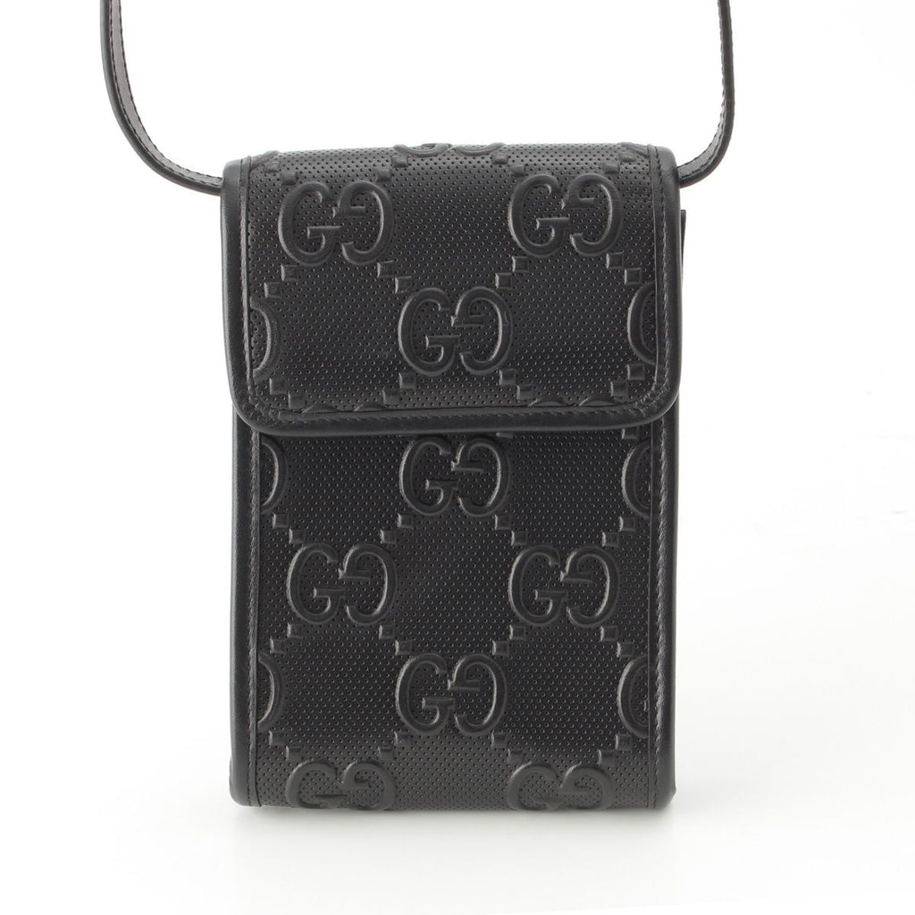 Gucci Leather GG Embossed Shoulder Bag Pouch Black
